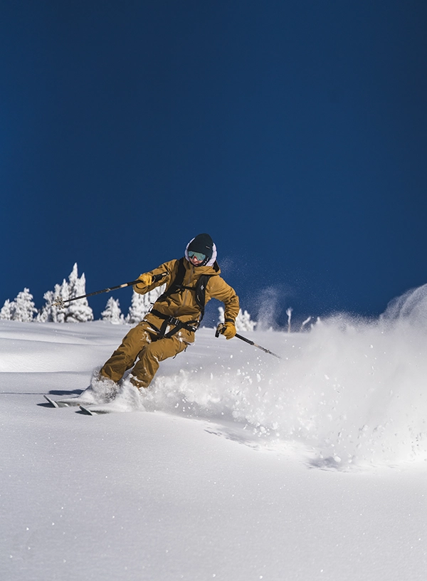 Schiior în timpul unei coborâri freeride.
