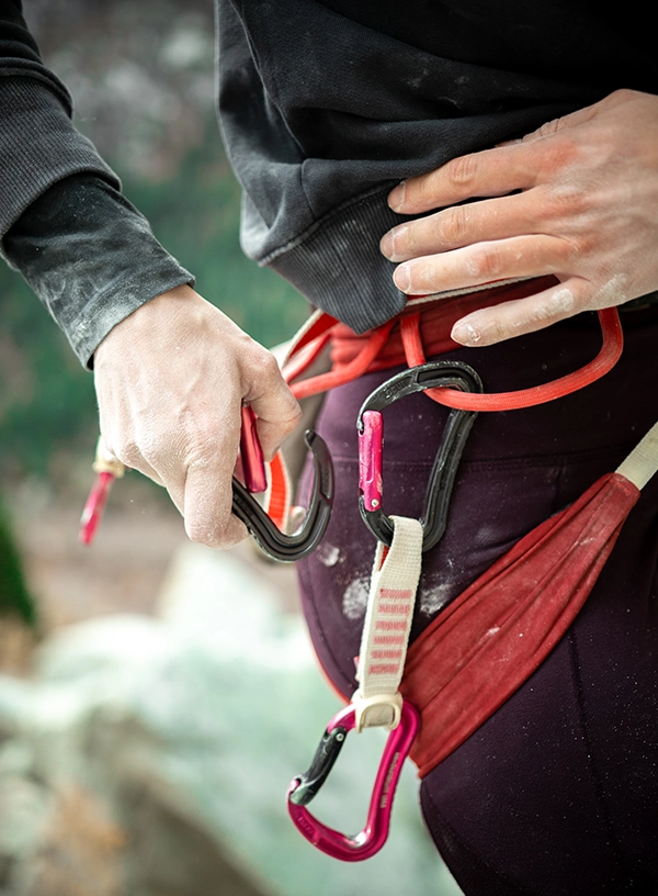 Prinderea buclelor expres de escaladă pe ham.