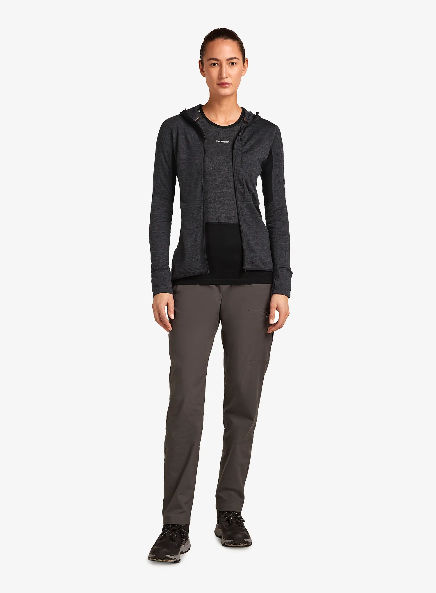 Hanorac femei Icebreaker Merino 200 Realfleece Descender LS Zip Hoodie - jet hthr/black/cb