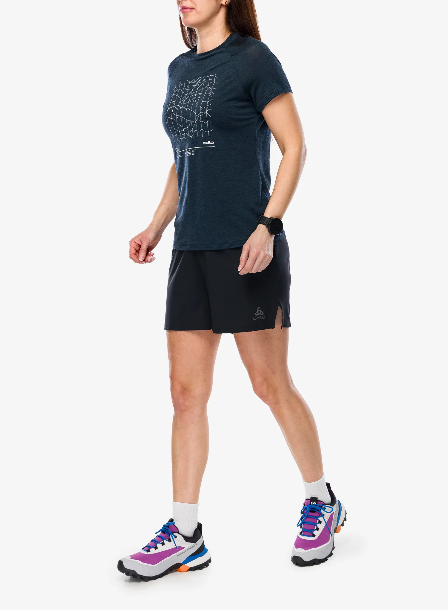 Tricou cu lana merinos femei Odlo Merino Tencel Hyper Map Crew Neck S/S - dark sapphire melange