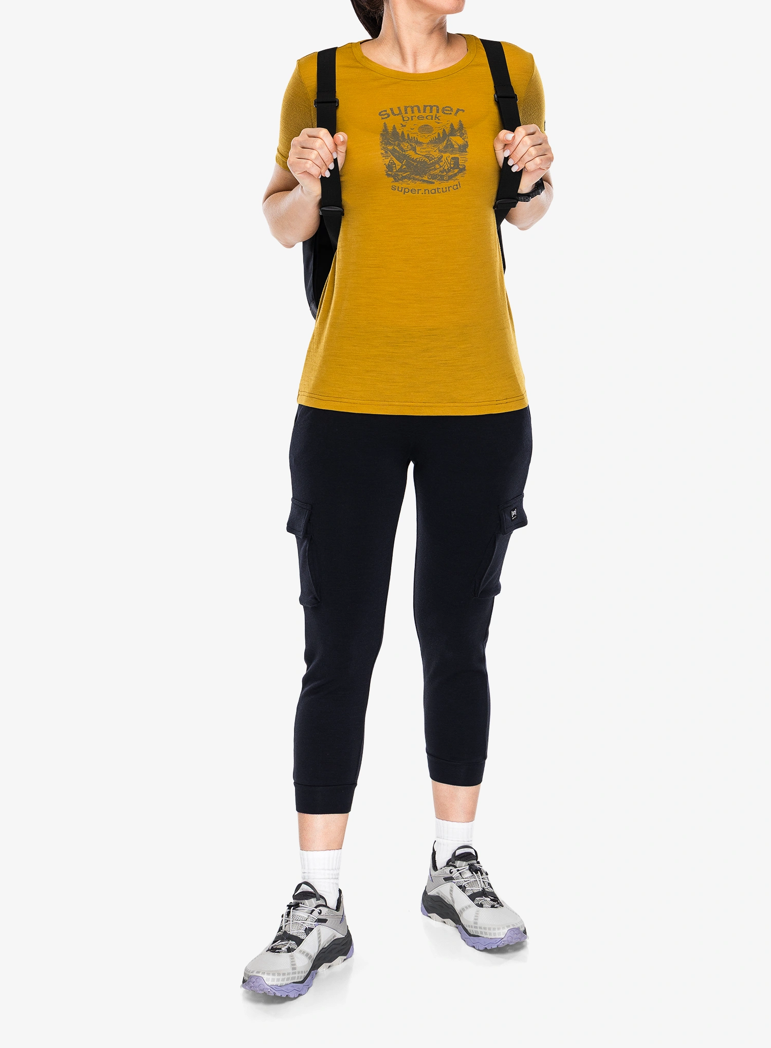 Tricou cu lana merinos femei Super.natural Summer Break Tee - dried tobacco/c.mere grey mel