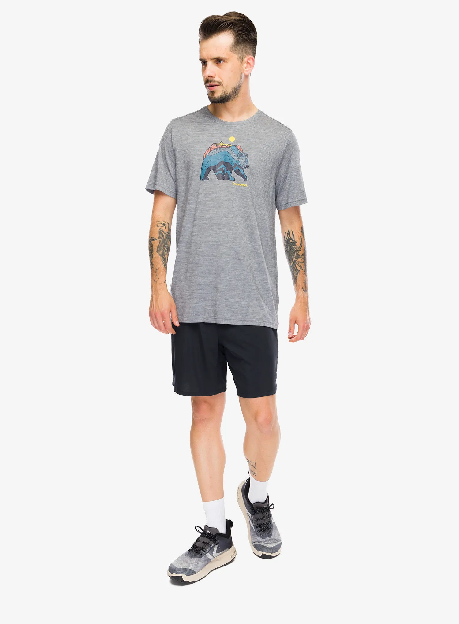 Tricou cu imprimeu Smartwool Bear Strata Active Short Sleeve Graphic Tee - light gray heather