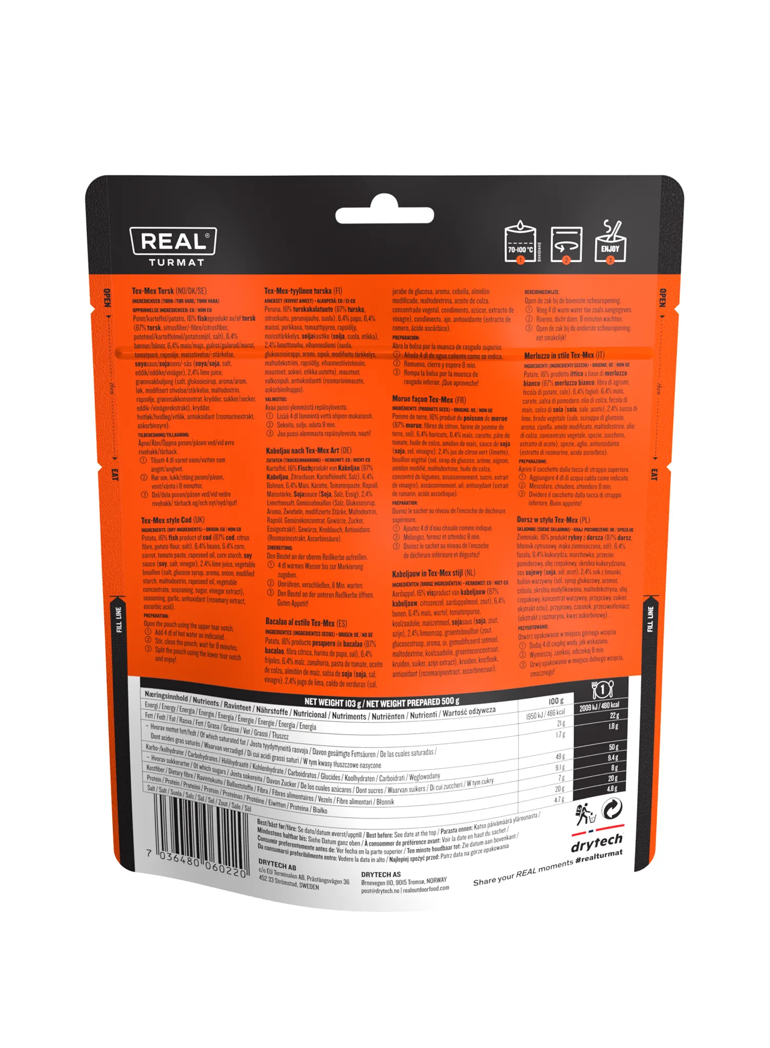 Liofilizat Real Turmat Cod în stil Tex-Mex 500 g