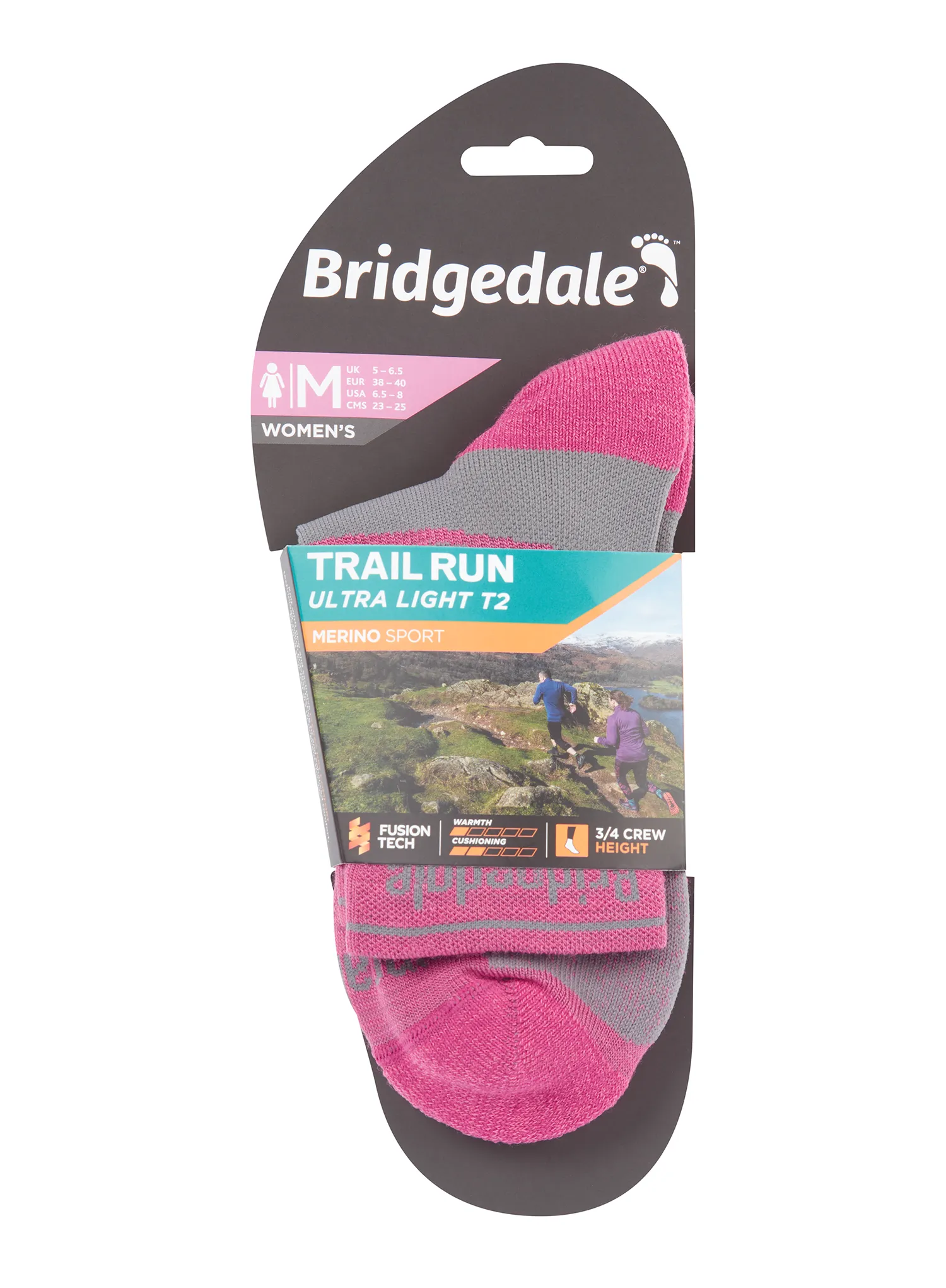 Sosete alergare femei Bridgedale Ultralight T2 Merino Sport 3/4 Crew - pink